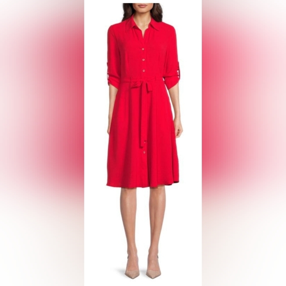 Sharagano dress women 14 RED Three-quarter sleeves Button front A-line - Picture 1 of 9